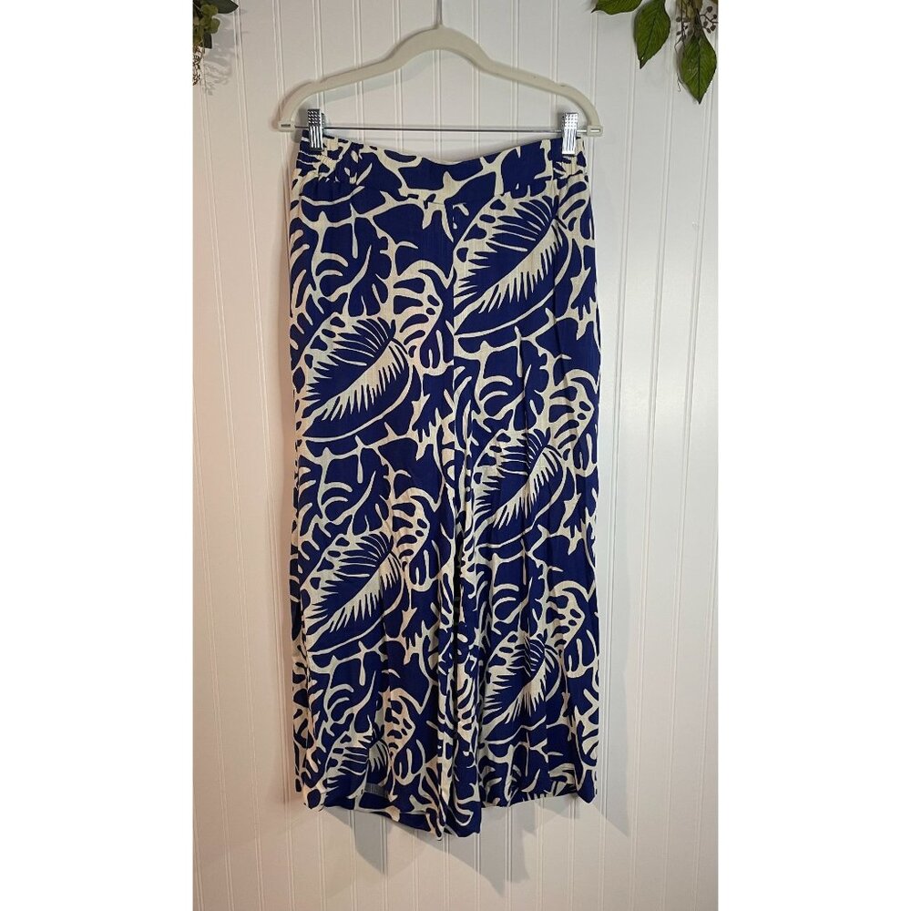 Rose + Olive Womens Elastic Waist Blue & White Tropical Print Wide-Leg Pants SzM